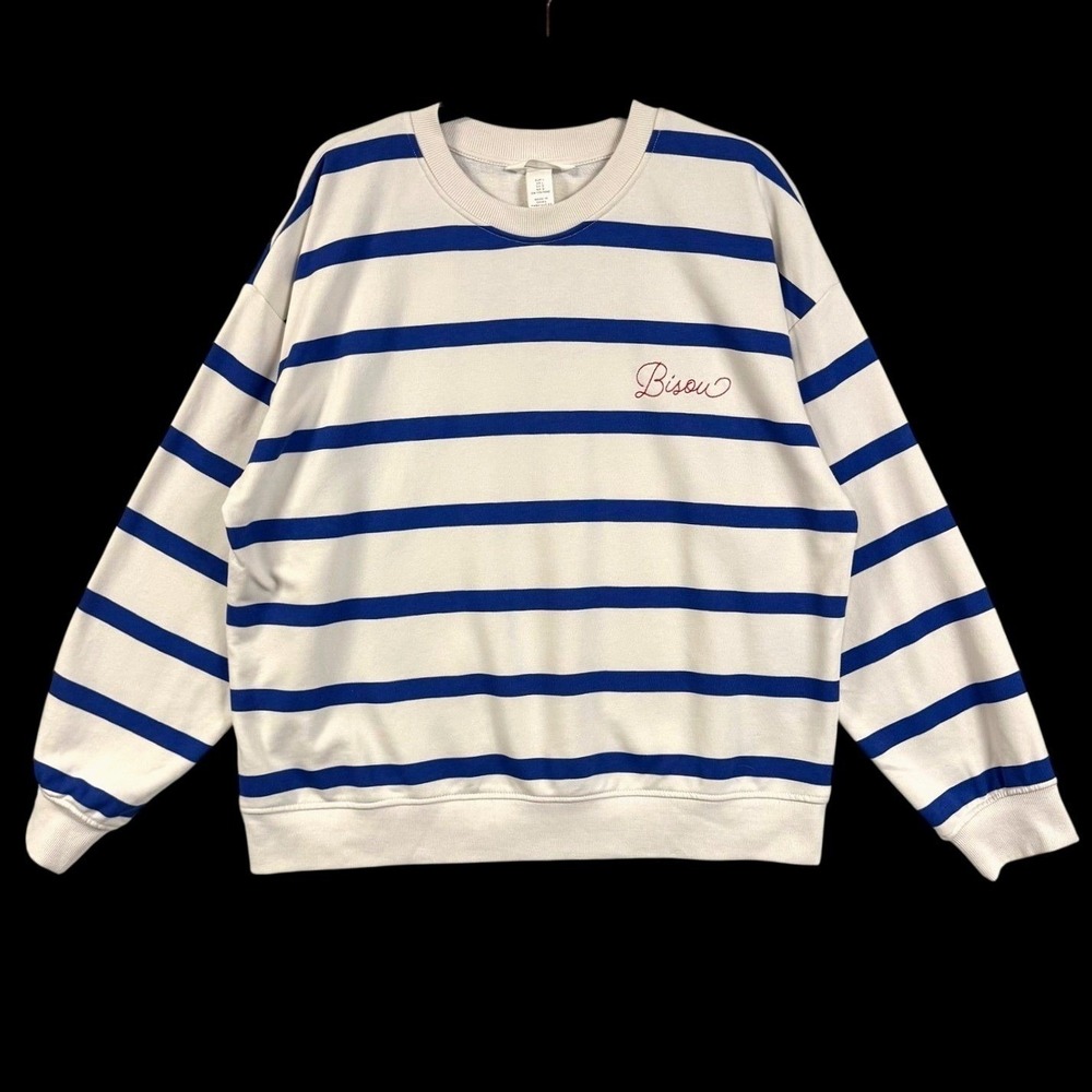 NWT H&M L Blue White Striped Bisou Embroidered Sweatshirt Pullover Preppy Casual